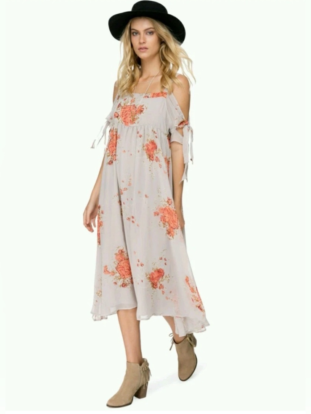 NEW Free People Tied To You Dress in Sand Combo Size S Cold Shoulder Floral